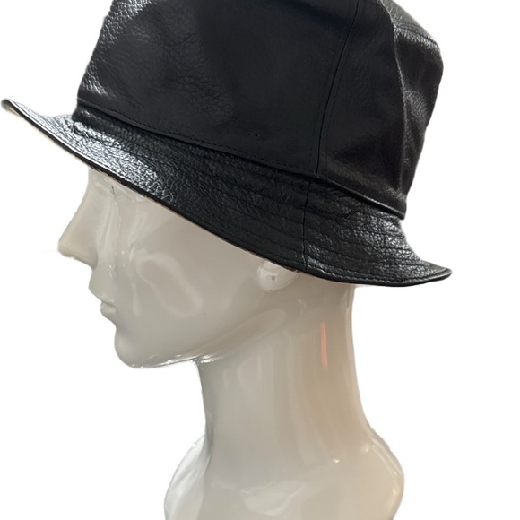 Black Leather Bucket Hat with Plaid Trim
(REVERSIBLE)